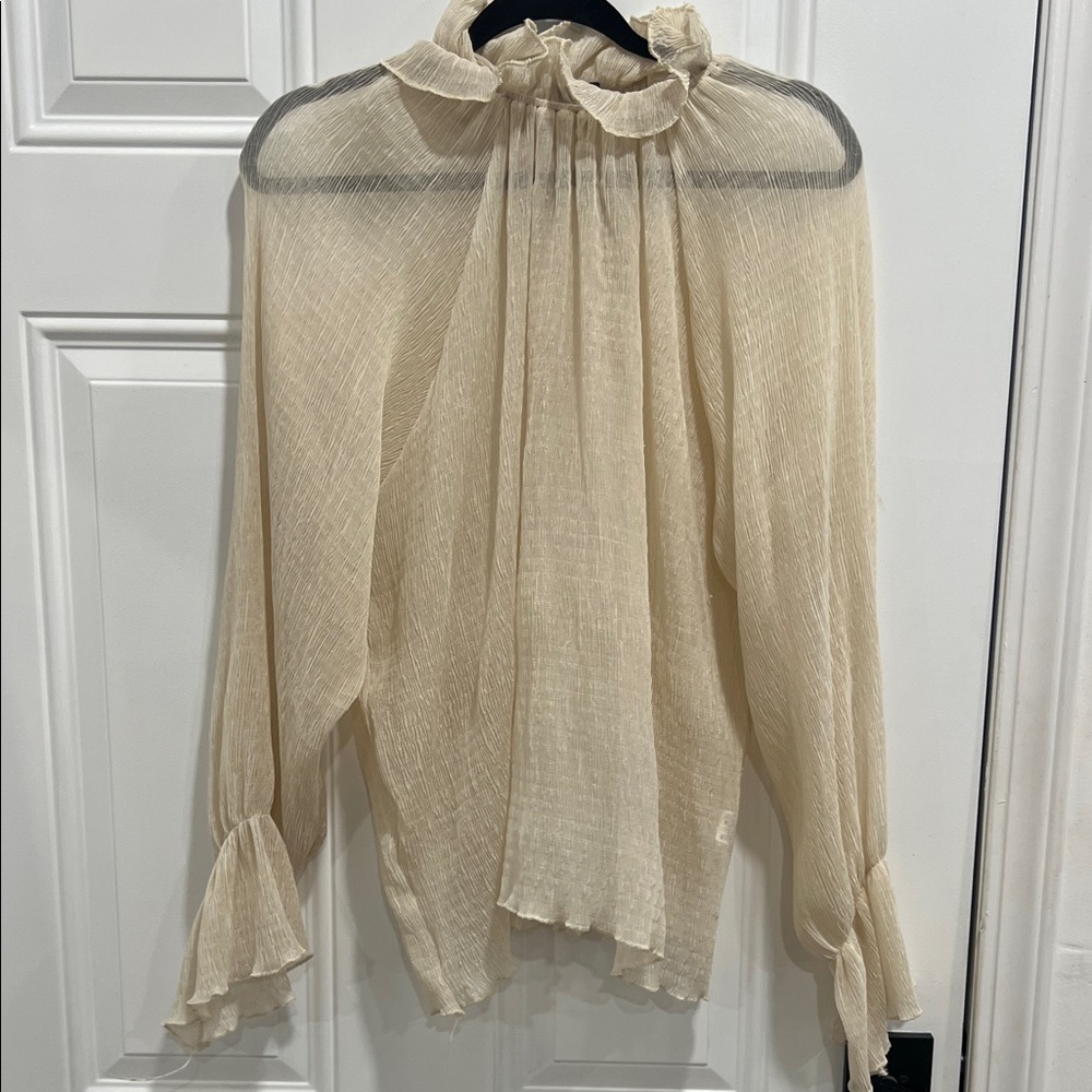 Cream colored long sleeve blouse. See through. Size is L, fits like a XL.